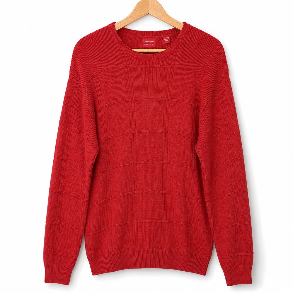Arrow USA 1851 Men Large Red 100% Cotton Grid Knit Crewneck Sweater Y2K